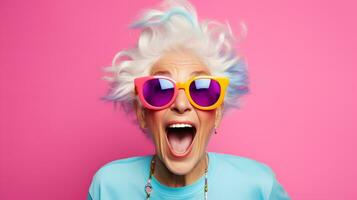 A woman with white hair and sunglasses making a funny face AI Generated photo