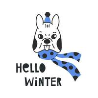 Hola invierno saludo tarjeta con letras y perro vector