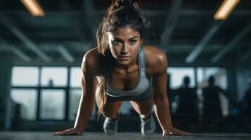 A woman performing intense push-up exercises in a gym for high-intensity interval training AI Generated photo