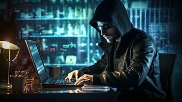 security analyst trying fighting cyber crime. Cyber hacker with computer.  AI Generated photo