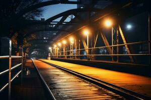 ferrocarril estación a noche. tren plataforma en niebla. ferrocarril. ai generado foto