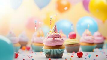 cumpleaños taza pastel con globos antecedentes. ai generado foto