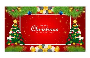 Merry Christmas and Happy New Year. Xmas background banner with  Christmas flower, tree, star, balls and golden decoration design. vector