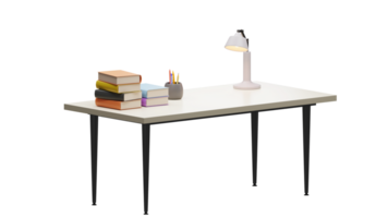 3d representación de libro pila, bolígrafo y lápiz poseedor, lámpara en escritorio png
