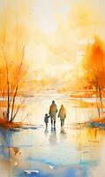 Watercolor painting of a couple in the autumn park. AI Generated. photo