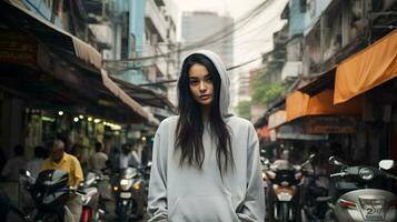 A Thai woman standing confidently in the middle of a vibrant street AI Generated photo