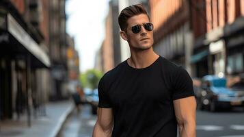 Male model in a classic black cotton T-shirt on a city street. AI Generated photo