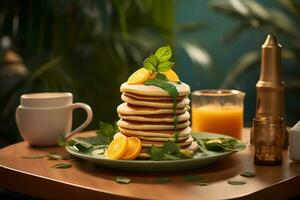 delicioso panqueques en de madera mesa con frutas ai generado foto