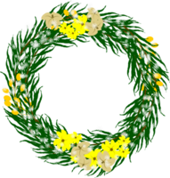 Winter wreath with leaves pine, snowfall and flower frame clipart png