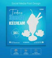 Delicious ice cream social media post design. Special yummy food and summer ice cream web banner template for online business promotion. modern square layout, abstract background, fully editable. vector