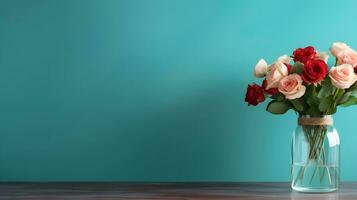 foto de un hermosa arreglo de rosado y rojo rosas en un vaso florero ai generado