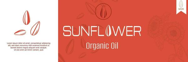 Sunflower oil vector templates of business banners. hand-drawn sunflower, sunflower seed pattern, and text space on a red rose background. Production of sunflower concept in engraving style