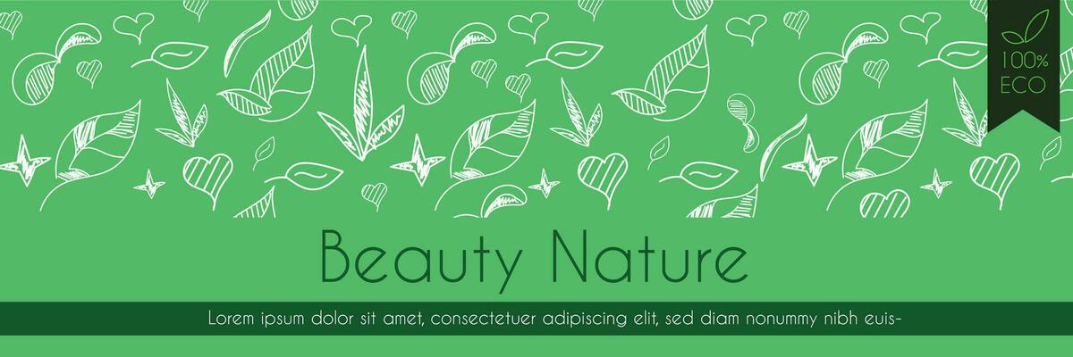 Green nature beauty cosmetic pattern, eco cosmetics concept for bio cosmetics banner. Vector icons of heart. Eco-friendly seamless background. Natural pattern and logo for beauty care. label tag