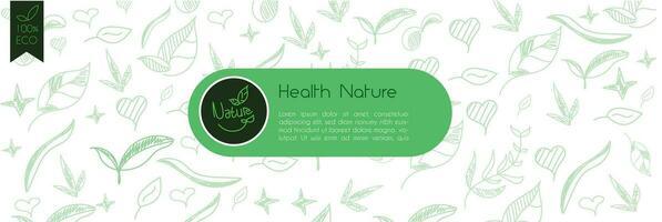 herbal nature green banner with drawings of herbs. Natural cosmetic label. Leaf silhouette for eco store, healthy food. Botanical background for bio pattern, herbal medicine with organic illustrations vector