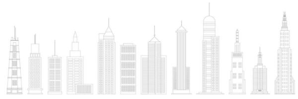 Outline skyscraper isolated on white background. Doodle skyscrapers icons set. Vector illustration.