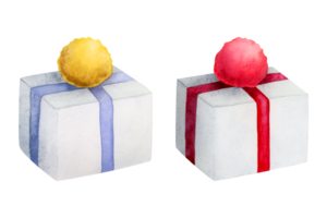 Gift boxes with ribbons and pompons watercolor illustration set in red, blue and yellow png