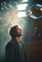 Relaxed adult man breathing fresh air with bubbles representation of chillness..  AI Generated photo