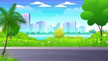 cartoon city landscape with palm trees and grass video