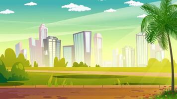 cartoon city landscape with palm trees and buildings video