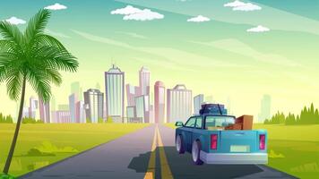 a car is driving down the road with luggage and palm trees video