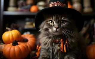 Víspera de Todos los Santos calabaza y negro gato en festival antecedentes. ai generado foto