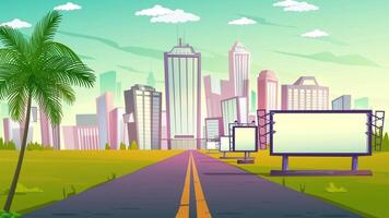 an empty road with palm trees and city buildings in the background video