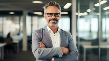 Happy middle aged business man ceo standing in office arms crossed. AI Generated photo