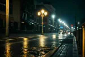 City street at rainy night road and streetlights at night background. AI Generative Pro Photo