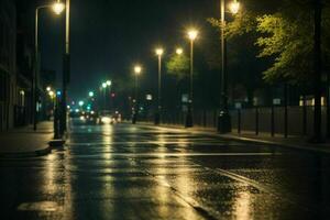 City street at rainy night road and streetlights at night background. AI Generative Pro Photo