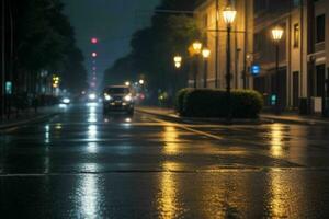 City street at rainy night road and streetlights at night background. AI Generative Pro Photo