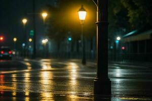 City street at rainy night road and streetlights at night background. AI Generative Pro Photo