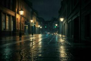 City street at rainy night road and streetlights at night background. AI Generative Pro Photo