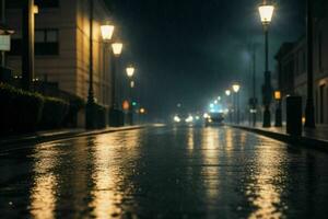 City street at rainy night road and streetlights at night background. AI Generative Pro Photo