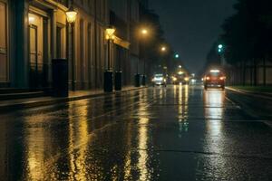 City street at rainy night road and streetlights at night background. AI Generative Pro Photo