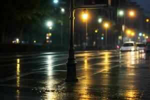 City street at rainy night road and streetlights at night background. AI Generative Pro Photo