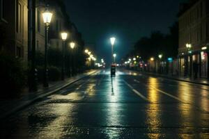 ciudad calle a lluvioso noche la carretera y luces de la calle a noche antecedentes. ai generativo Pro foto