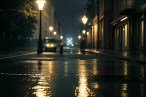 City street at rainy night road and streetlights at night background. AI Generative Pro Photo