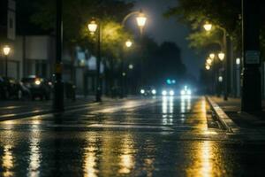 City street at rainy night road and streetlights at night background. AI Generative Pro Photo