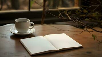 Photo of a cup of coffee and an open book on a table AI Generated