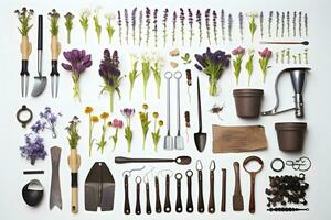 conjunto de jardinería herramientas y macetas collage. ai generado foto