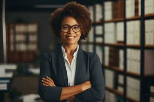 contento medio Envejecido negocio afro mujer CEO en pie en oficina brazos cruzado. ai generado foto