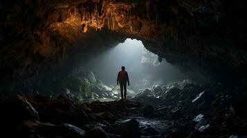 Monumental cave hall with caver exploring it. AI Generated photo