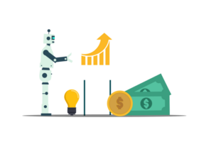 robotic man with money and light bulb on a board png