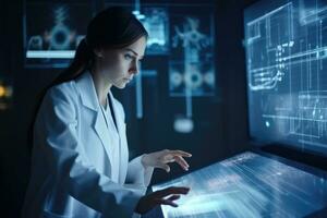 Attentive female scientist looking at holographic screen while working in laboratory, A female doctor with a tablet checking on medical information, AI Generated photo