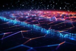 Futuristic technology background with glowing lines and dots. 3d rendering, Cyber big data flow. Blockchain data fields. Network line connect stream, AI Generated photo