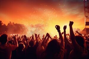 crowd cheering at a live music concert with hands raised at sunset, Crowd raising hand in the air and enjoying concert on a festival, AI Generated photo