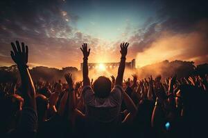 Concert crowd in front of a bright stage at a music festival, Crowd raising hand in the air and enjoying concert on a festival, AI Generated photo