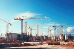 Construction site with cranes on blue sky background. 3D rendering, Construction site with cranes and building against blue sky, AI Generated photo