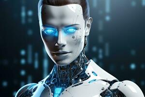 3d rendering female cyborg with circuit board on dark blue background, Cyber digital world android robot pointing finger computer coding AI chatbot background, AI Generated photo