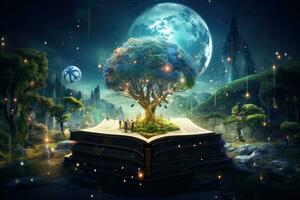 Fantasy landscape with magical tree and magic book. 3D rendering, Copyrighted Material, Intellectual Property Copyright, AI Generated photo